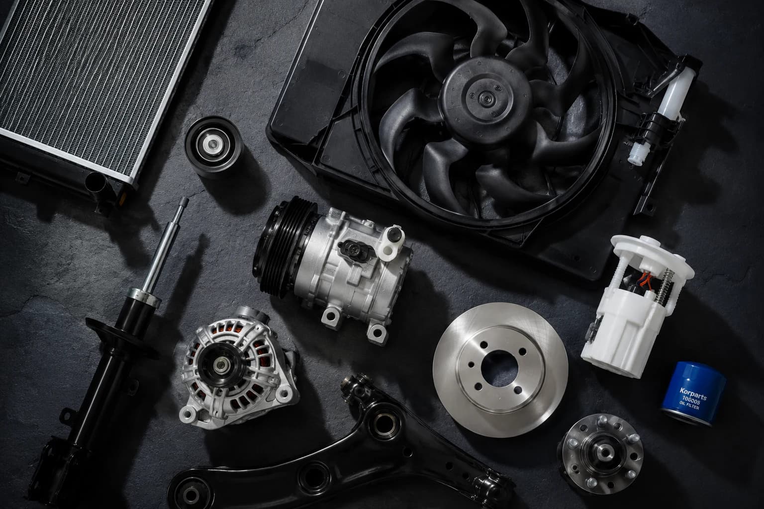 Korparts Korean auto parts range including cooling, braking, suspension and electrical components