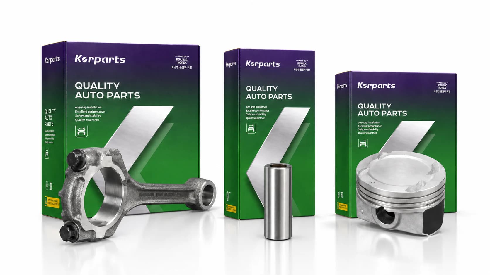Korparts piston and connecting rod engine components with branded packaging