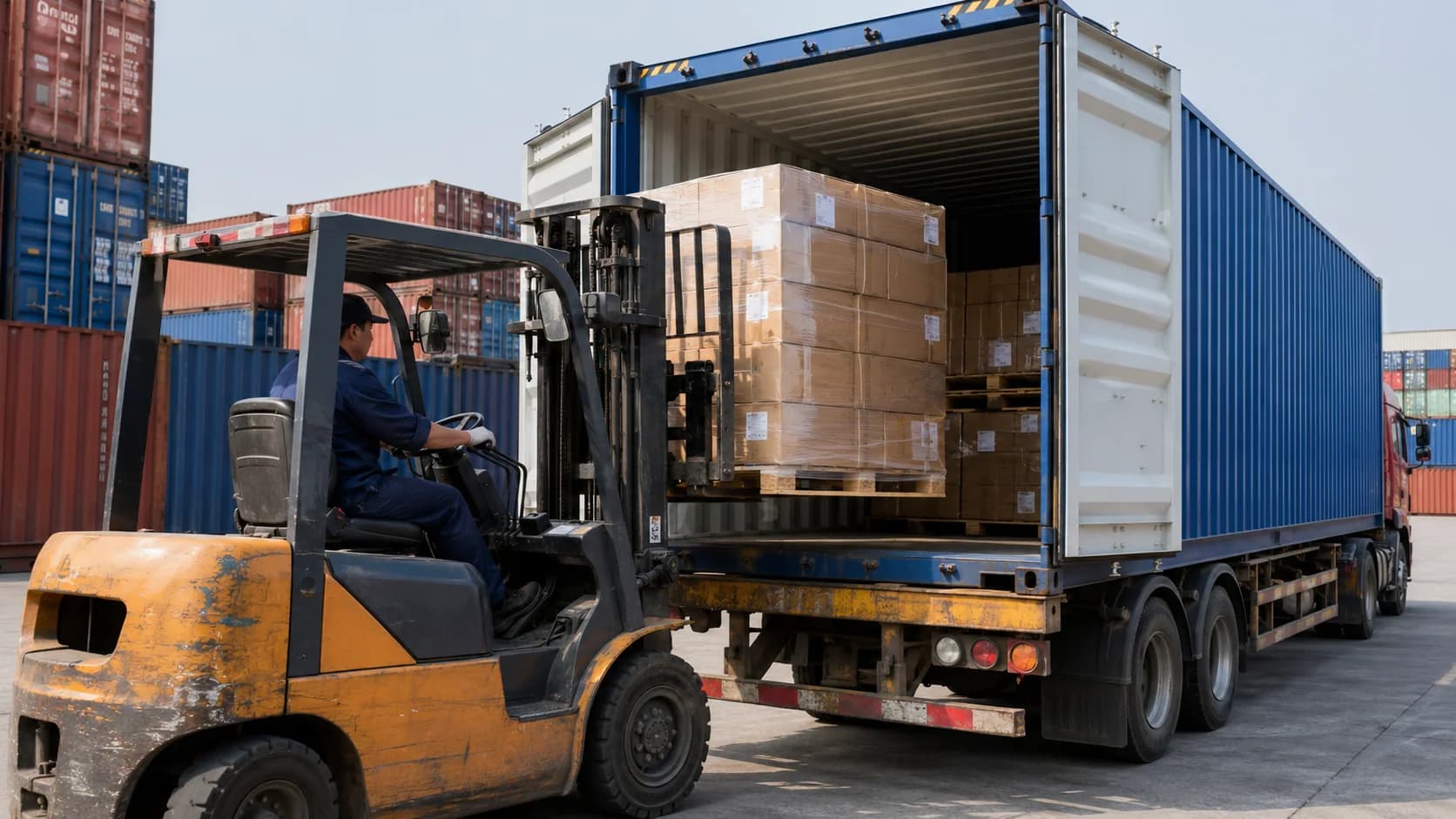 Korparts auto parts being loaded for cross-border distribution